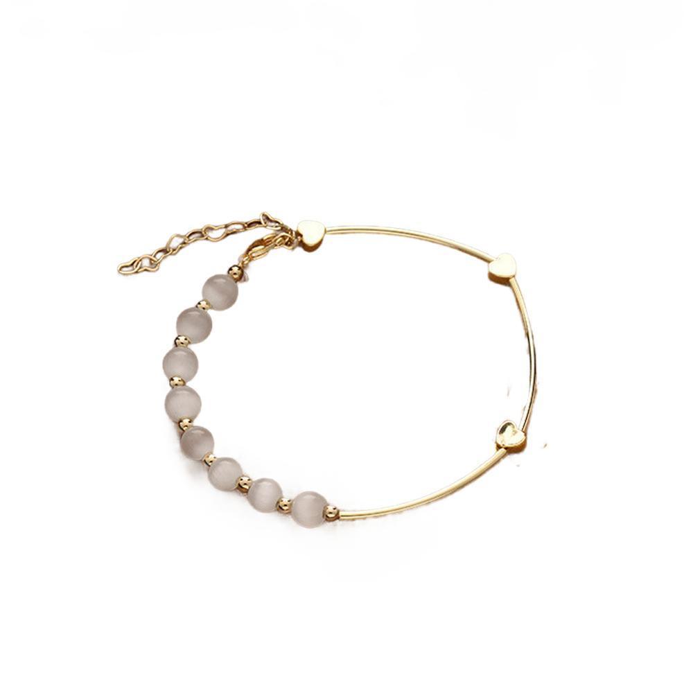 Gold Heart Charm Bracelet with Grey Cat-Eye Beads
