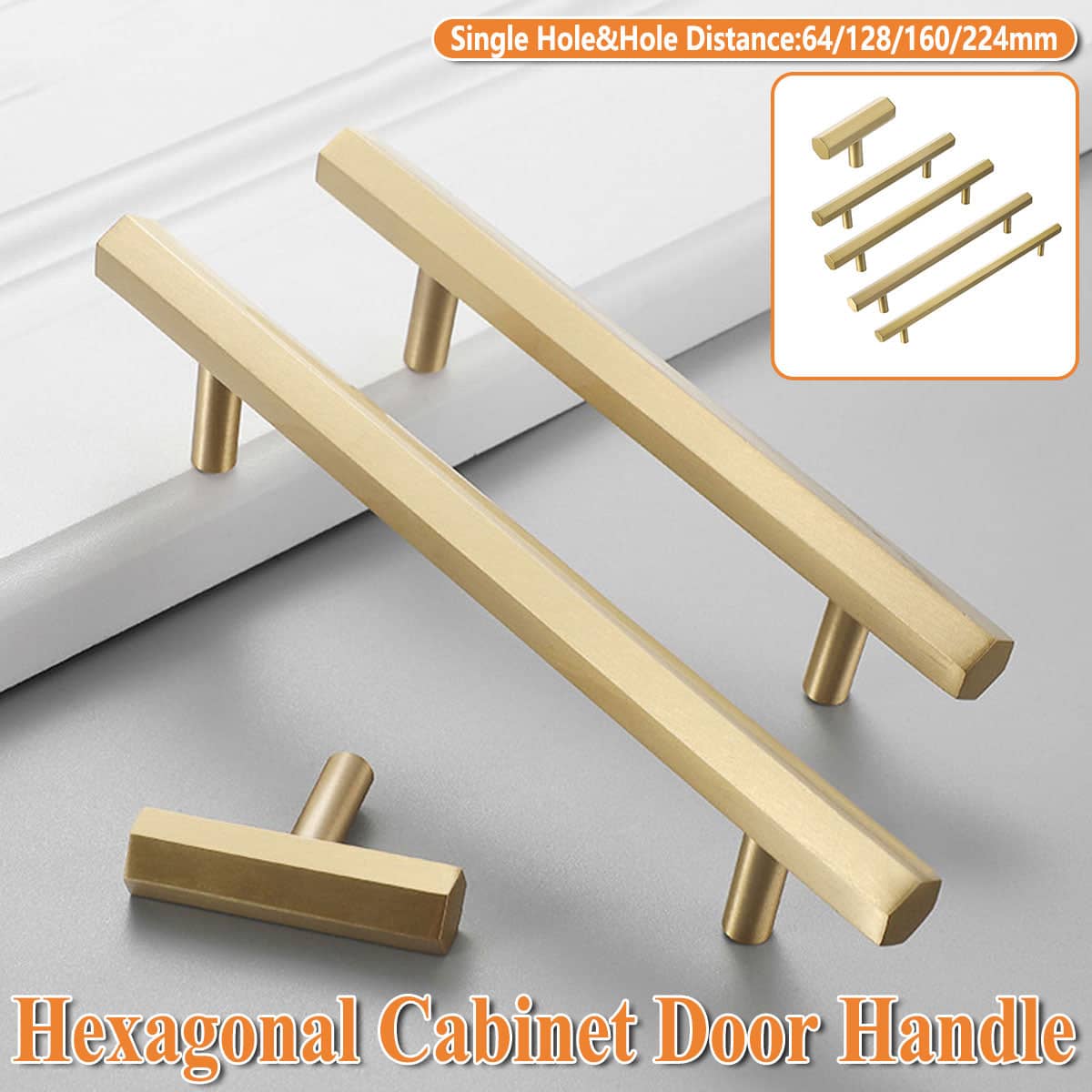 Gold Hexagonal Wardrobe Door Handle, Modern Long Pull - Single Hole - view 2