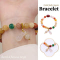 Gold Jade and Agate Beaded Bracelet for Women, Gourd Charm Retro Chinese Style