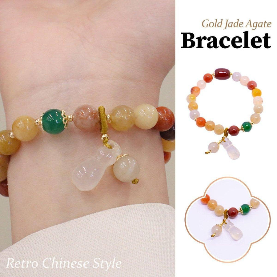 Gold Jade and Agate Beaded Bracelet for Women, Gourd Charm Retro Chinese Style