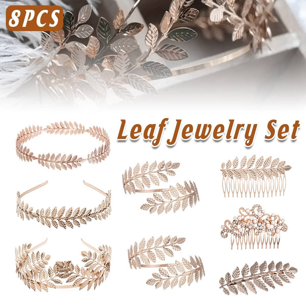 Gold Leaf Bridal Headband and Hair Comb Set, Set of 8