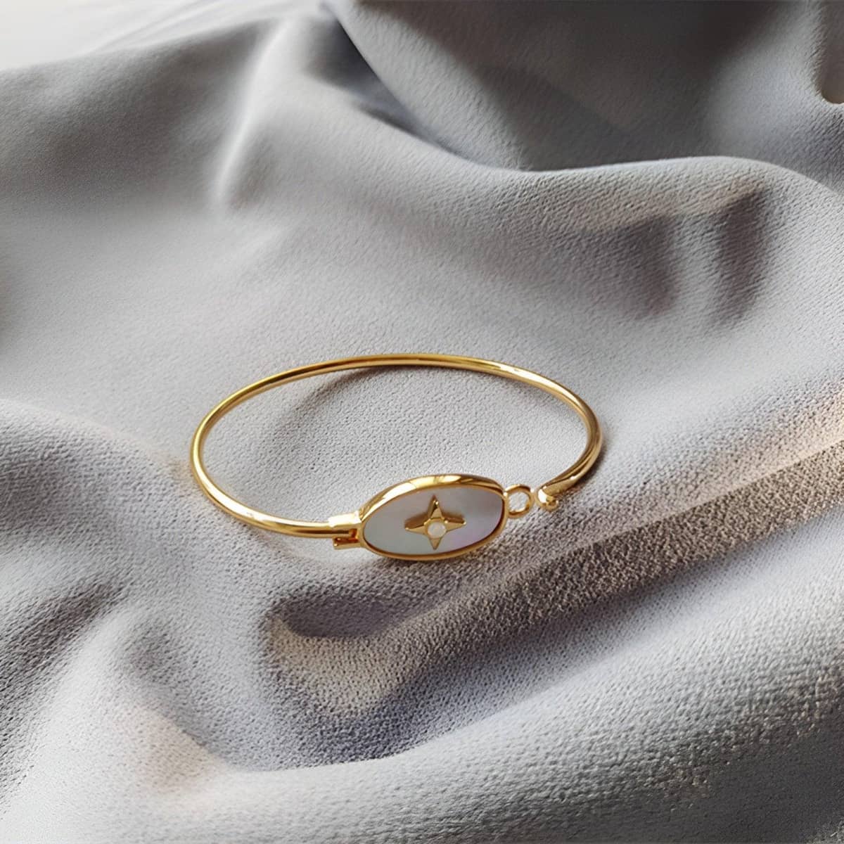 Gold Openable Thin Bangle with White Oval Centre for Women - view 4