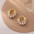 Gold Pearl Hoop Earrings for Women, Simple Brass Statement Jewellery - view 5