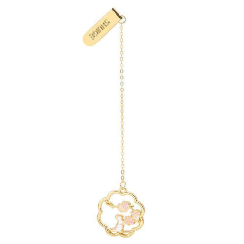 Gold-Tone Metal Bookmark Clip with Chain Pendant - White Cat and Pink Blossoms