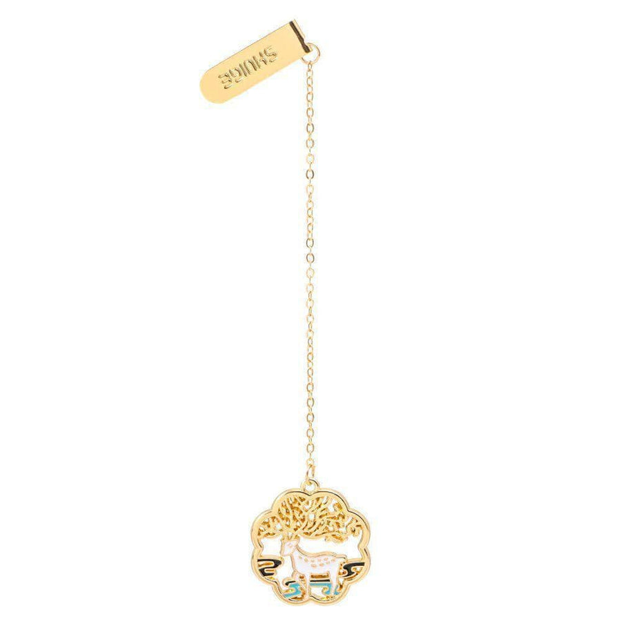 Gold-Tone Metal Bookmark Clip with Chain Pendant - White Deer and Golden Tree