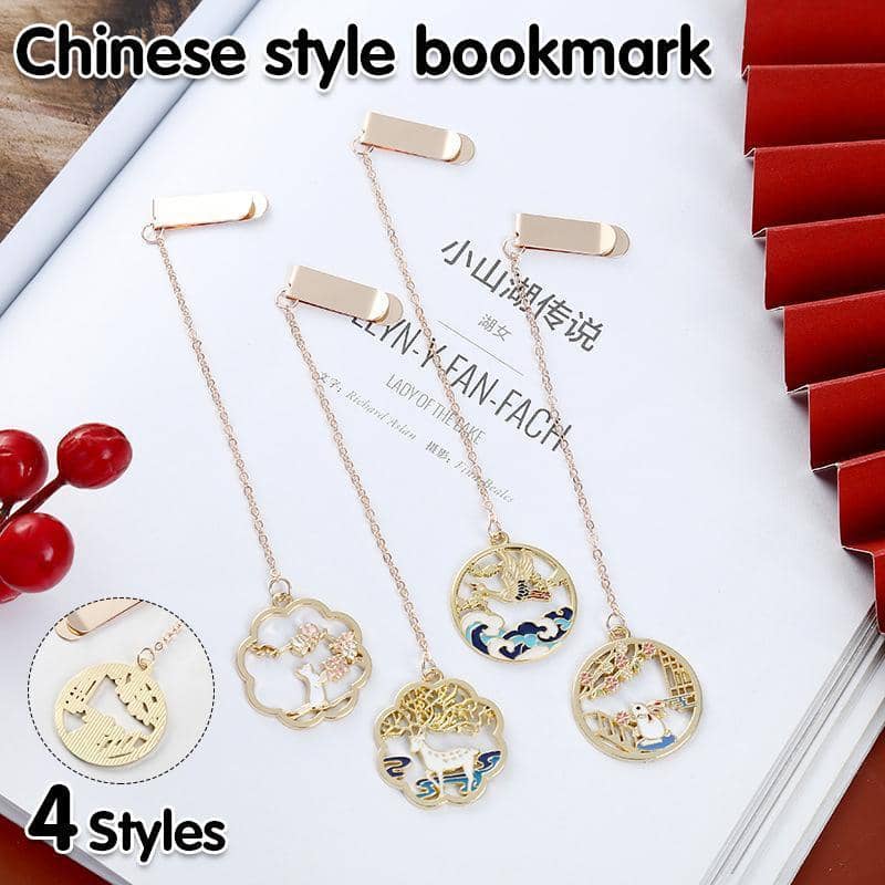 Gold-Tone Metal Bookmark Clip with Chain Pendant - White Deer and Golden Tree - view 2