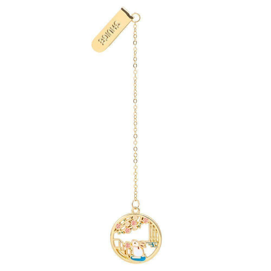 Gold-Tone Metal Bookmark Clip with Chain Pendant - White Rabbit and Pink Blossoms