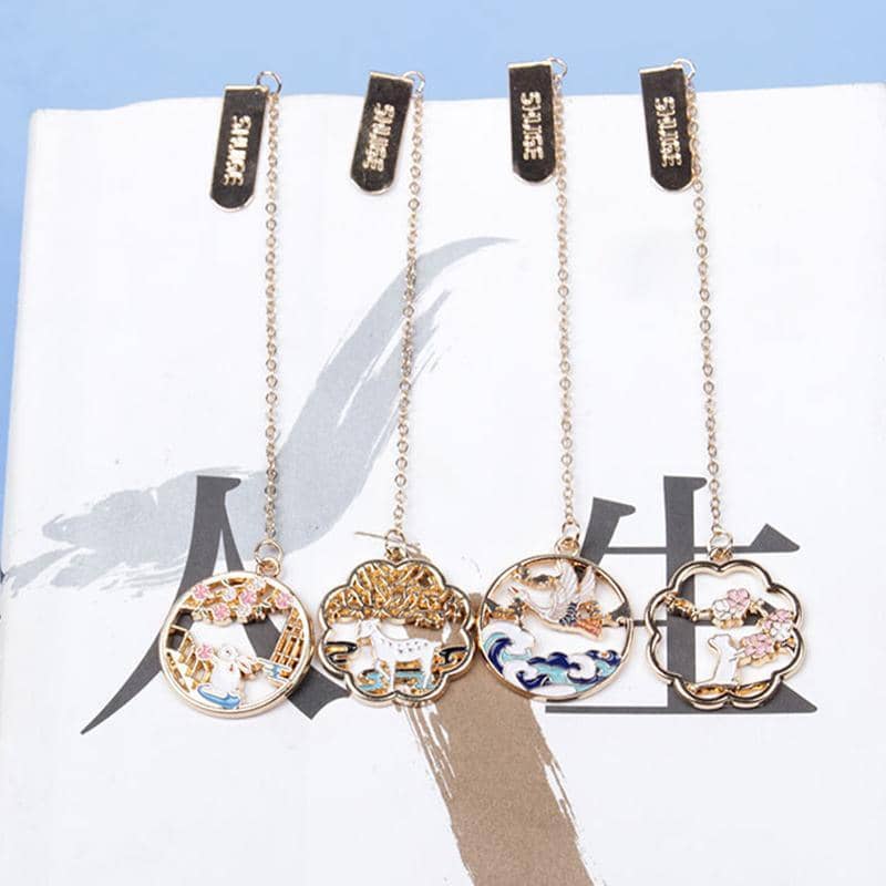 Gold-Tone Metal Bookmark Clip with Chain Pendant - White Rabbit and Pink Blossoms - view 4