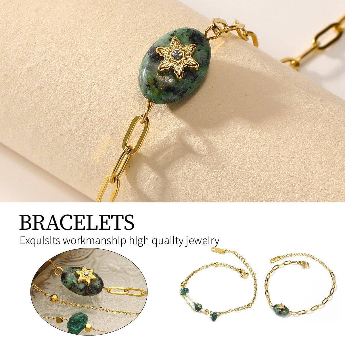 Gold Tone Natural Stone Bracelet Adjustable Jewellery - Three Beads - view 2