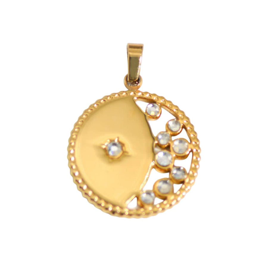 Gold Tone Stainless Steel Pendant Charm - Half Moon Crystal