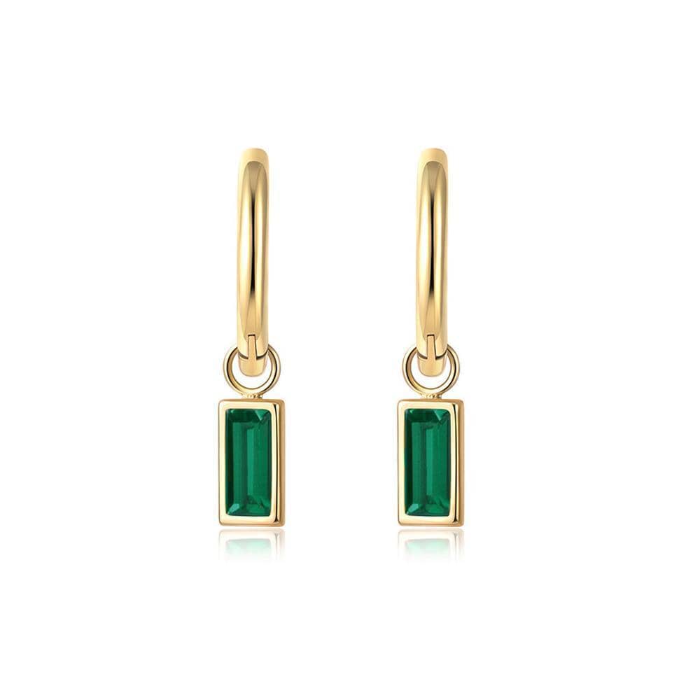 Gold Zircon Drop Earrings - Green Rectangle Stone