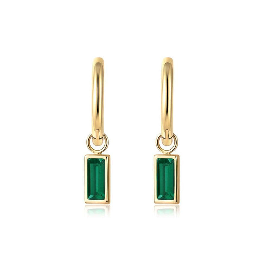 Gold Zircon Drop Earrings - Green Rectangle Stone