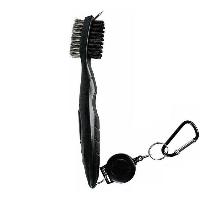 Golf Club Cleaning Brush with Retractable Clip, Dual Bristles - Black