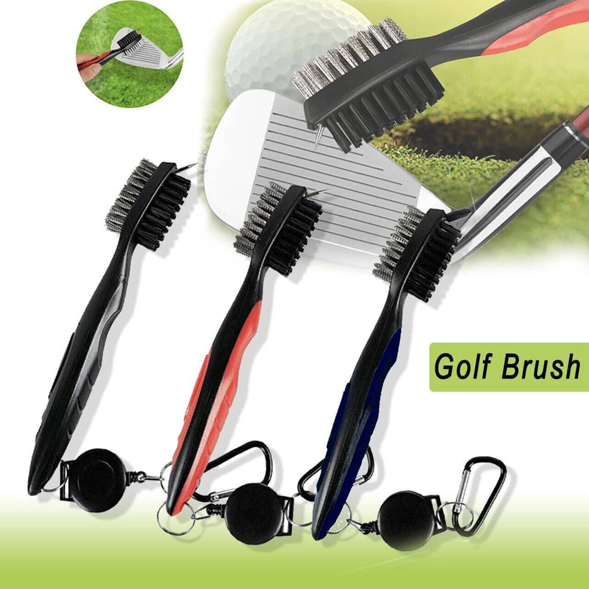 Golf Club Cleaning Brush with Retractable Clip, Dual Bristles - Black - view 2