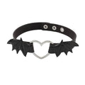 Gothic Bat Wing Heart Choker Necklace, Adjustable Faux Leather - Black