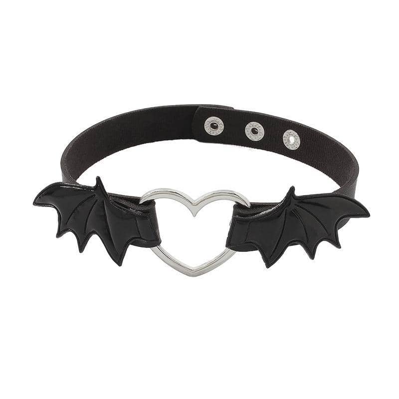 Gothic Bat Wing Heart Choker Necklace, Adjustable Faux Leather - Black