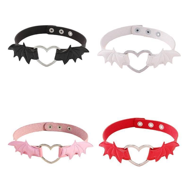 Gothic Bat Wing Heart Choker Necklace, Adjustable Faux Leather - Black - view 3