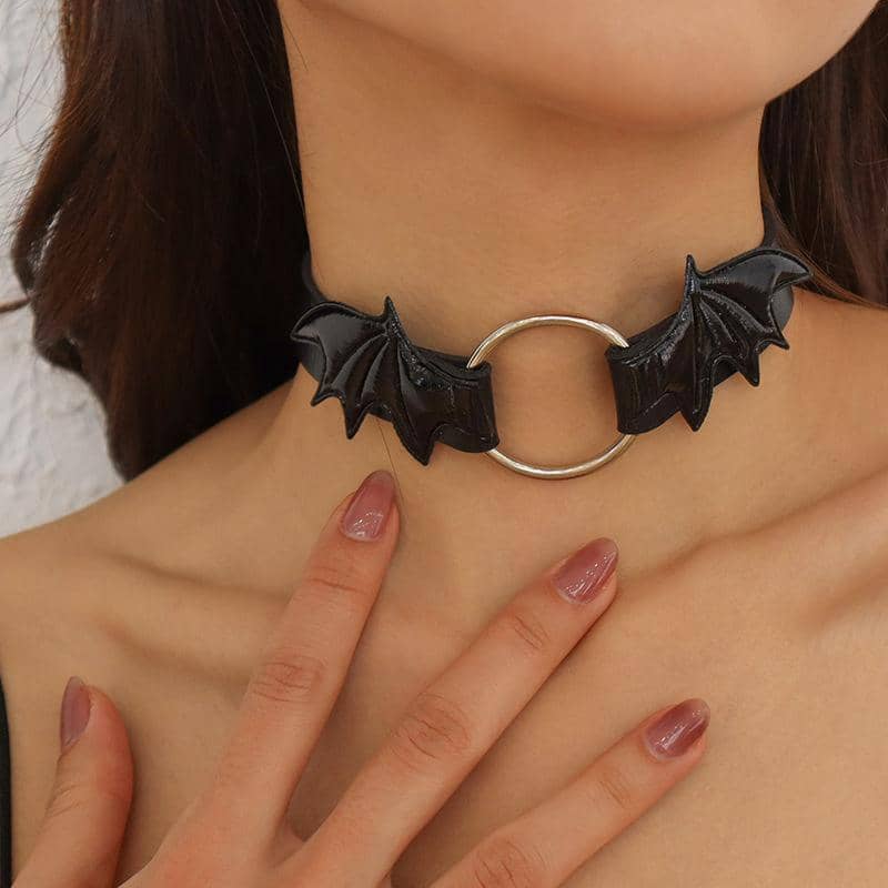 Gothic Bat Wing Heart Choker Necklace, Adjustable Faux Leather - Black - view 5