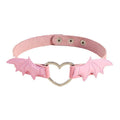 Gothic Bat Wing Heart Choker Necklace, Adjustable Faux Leather - Pink