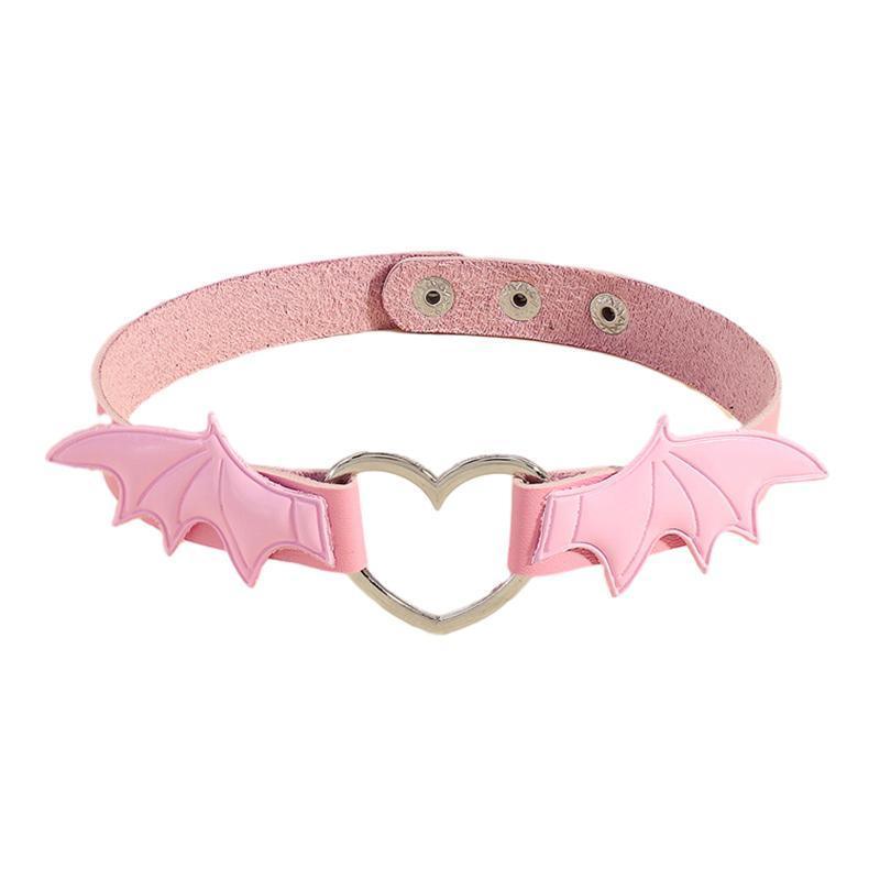 Gothic Bat Wing Heart Choker Necklace, Adjustable Faux Leather - Pink