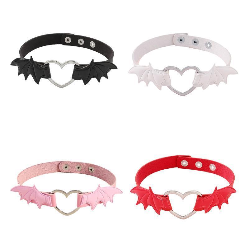 Gothic Bat Wing Heart Choker Necklace, Adjustable Faux Leather - Pink - view 3