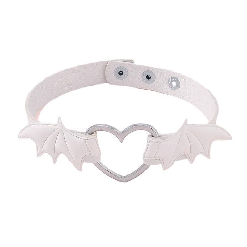 Gothic Bat Wing Heart Choker Necklace, Adjustable Faux Leather - White