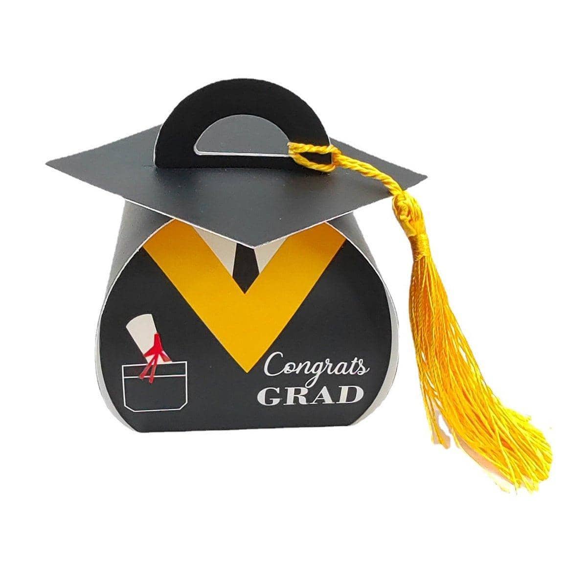 Graduation Cap Candy Box Striped Paper Party Favour Gift Cartons - Yellow, Pack of 50