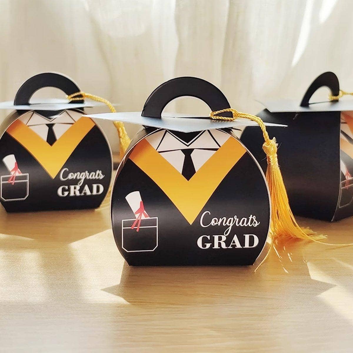 Graduation Cap Candy Box Striped Paper Party Favour Gift Cartons - Yellow, Pack of 50 - view 5