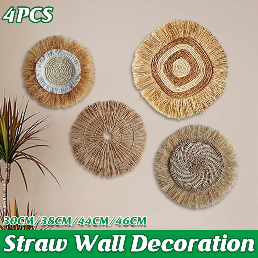 Grass Woven Wall Decor Set of 4, Natural Straw Bohemian Round Hanging Art for Bedroom
