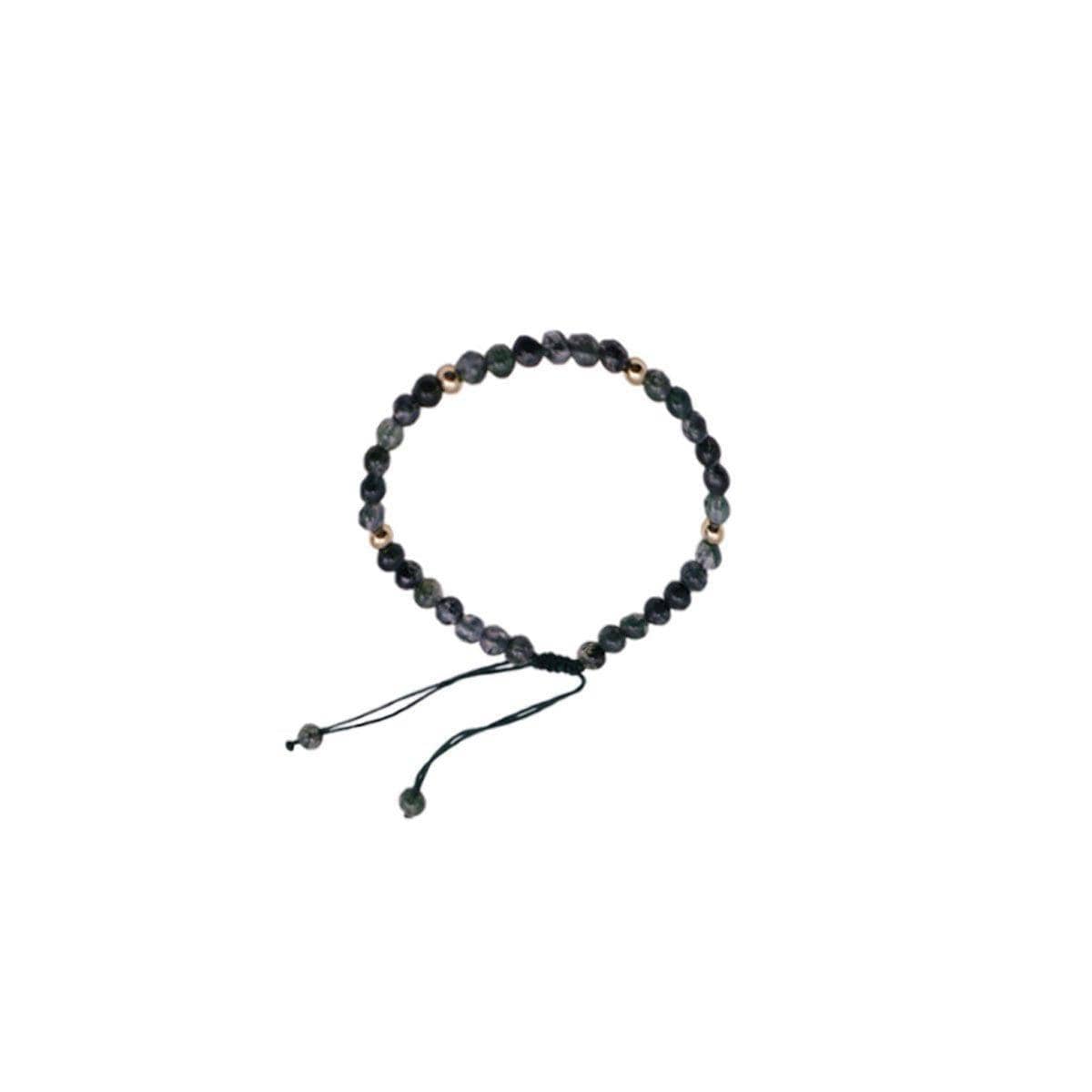 Green Aquatic Agate Bead Bracelet, Adjustable - Four Gold Beads