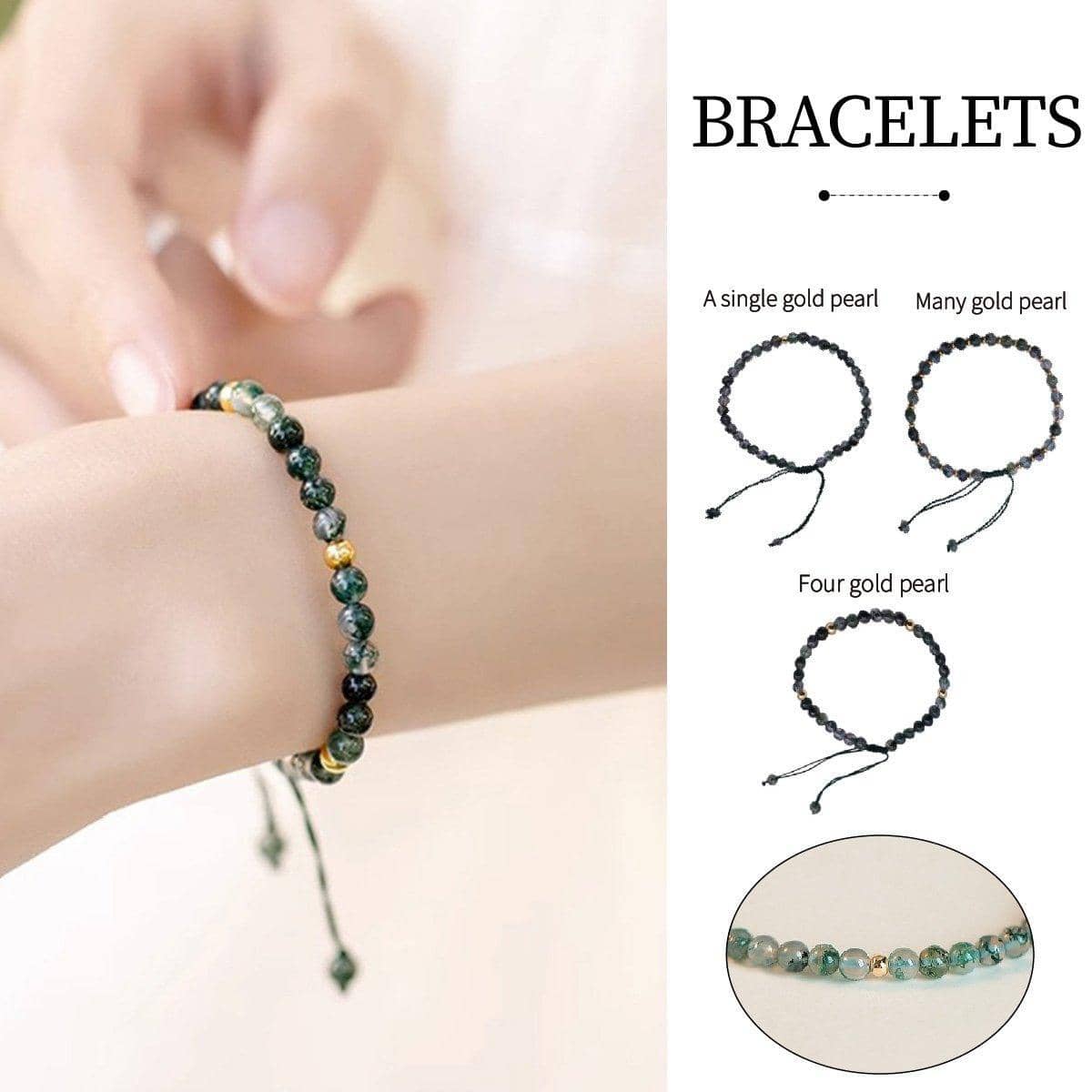 Green Aquatic Agate Bead Bracelet, Adjustable - Four Gold Beads - view 2