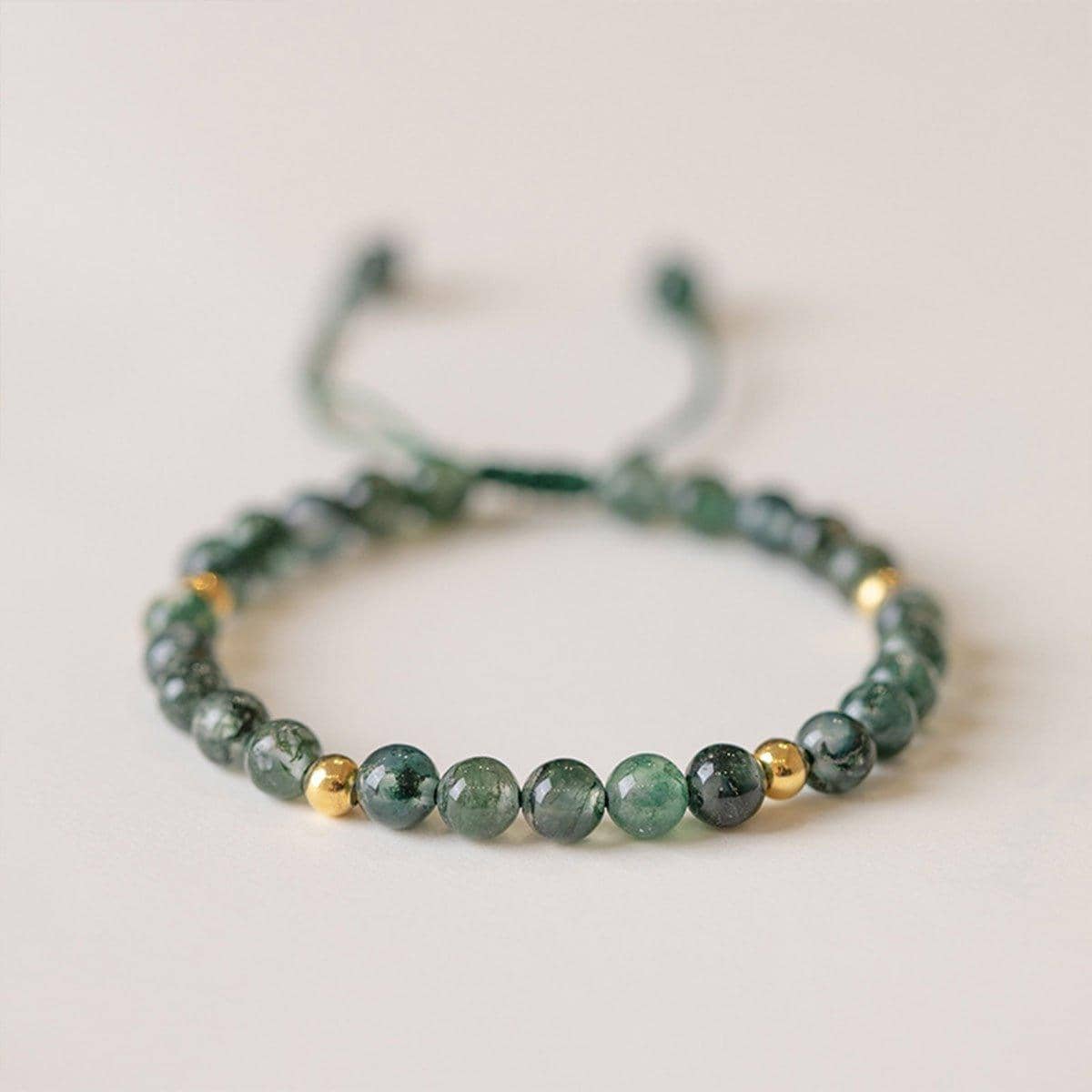 Green Aquatic Agate Bead Bracelet, Adjustable - Four Gold Beads - view 5