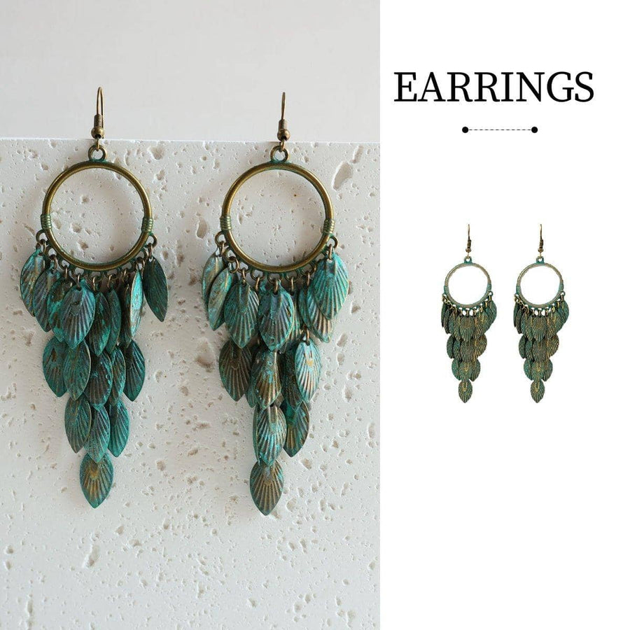 Green Bohemian Feather Tassel Drop Earrings for Women