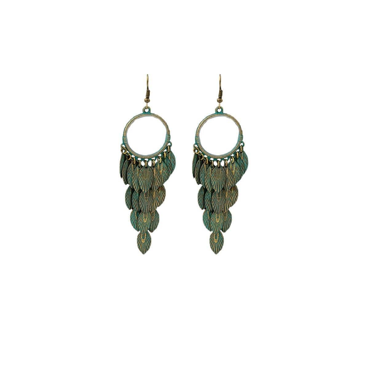 Green Bohemian Feather Tassel Drop Earrings for Women - view 2