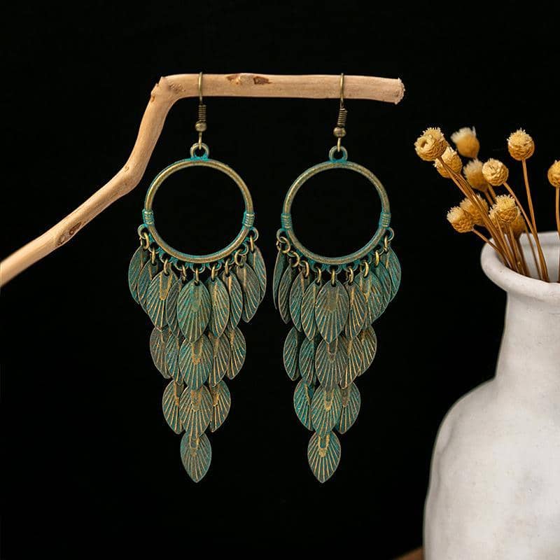 Green Bohemian Feather Tassel Drop Earrings for Women - view 4