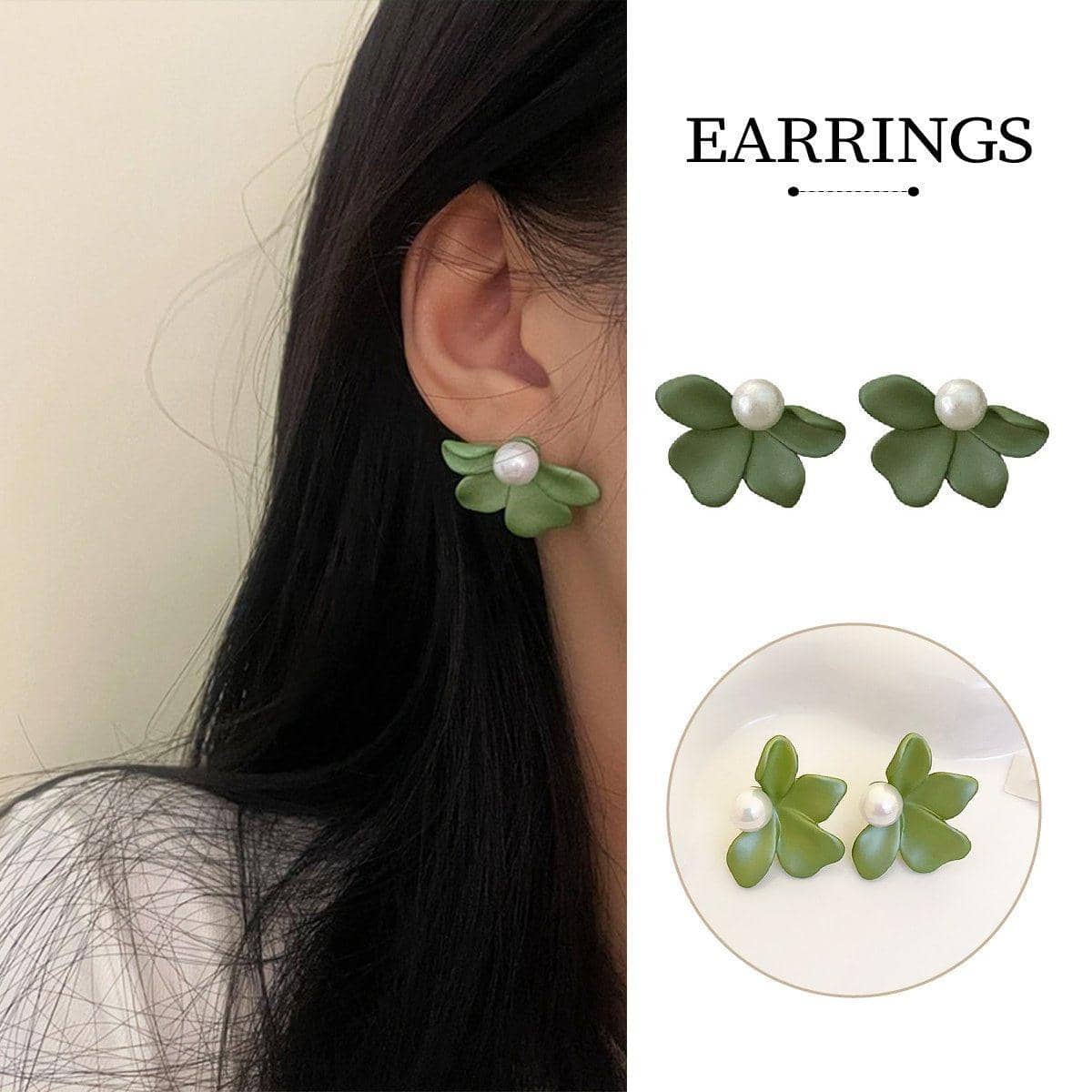 Green Frosted Petal Stud Earrings with Imitation Pearl for Women