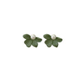 Green Frosted Petal Stud Earrings with Imitation Pearl for Women - view 2