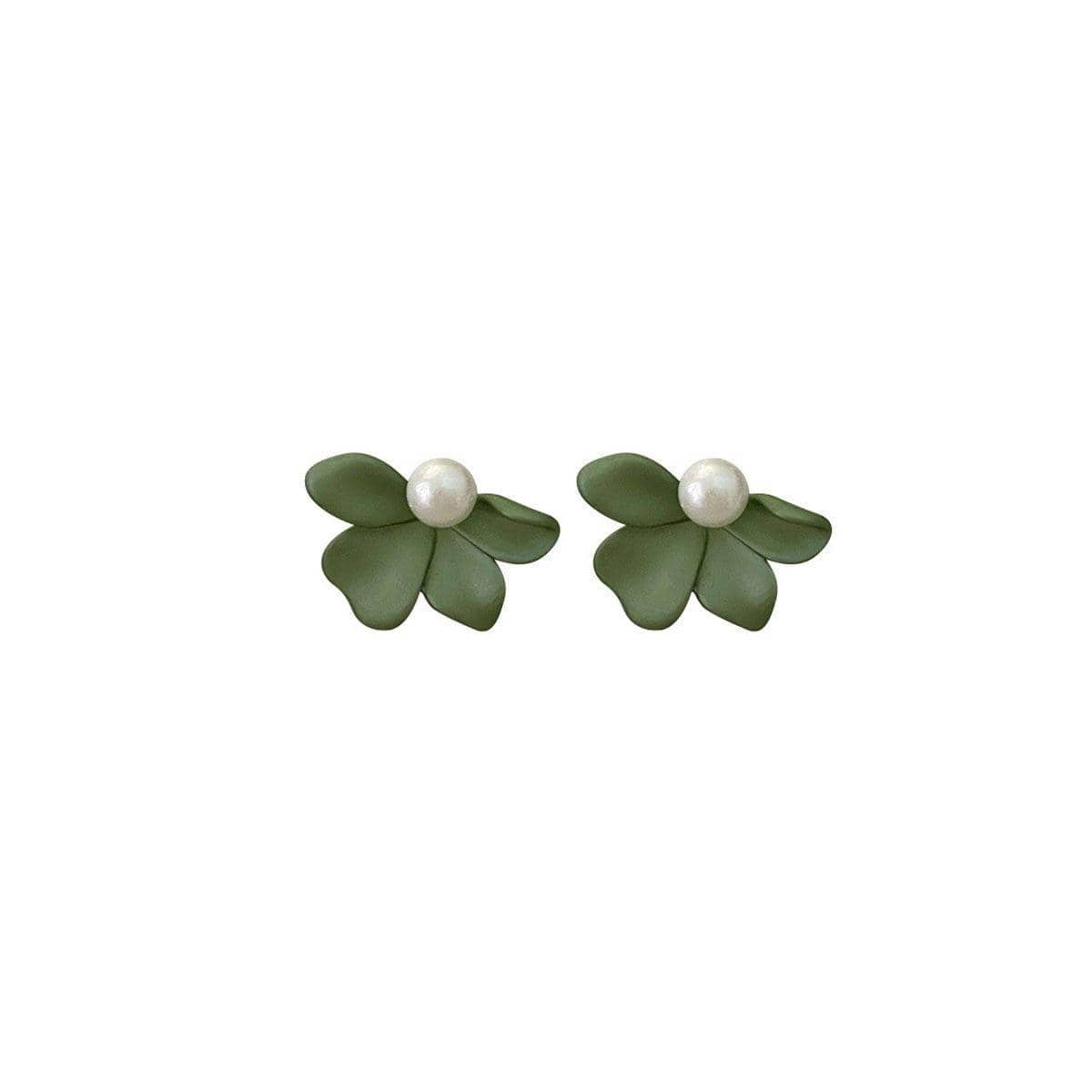 Green Frosted Petal Stud Earrings with Imitation Pearl for Women - view 2