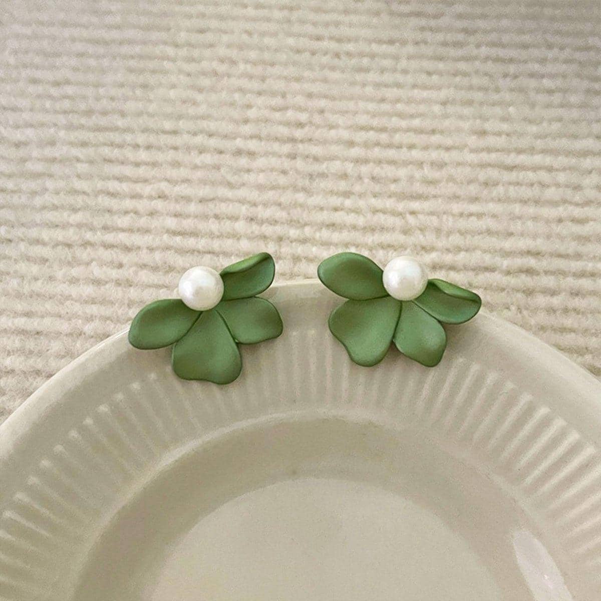 Green Frosted Petal Stud Earrings with Imitation Pearl for Women - view 4