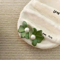 Green Frosted Petal Stud Earrings with Imitation Pearl for Women - view 5