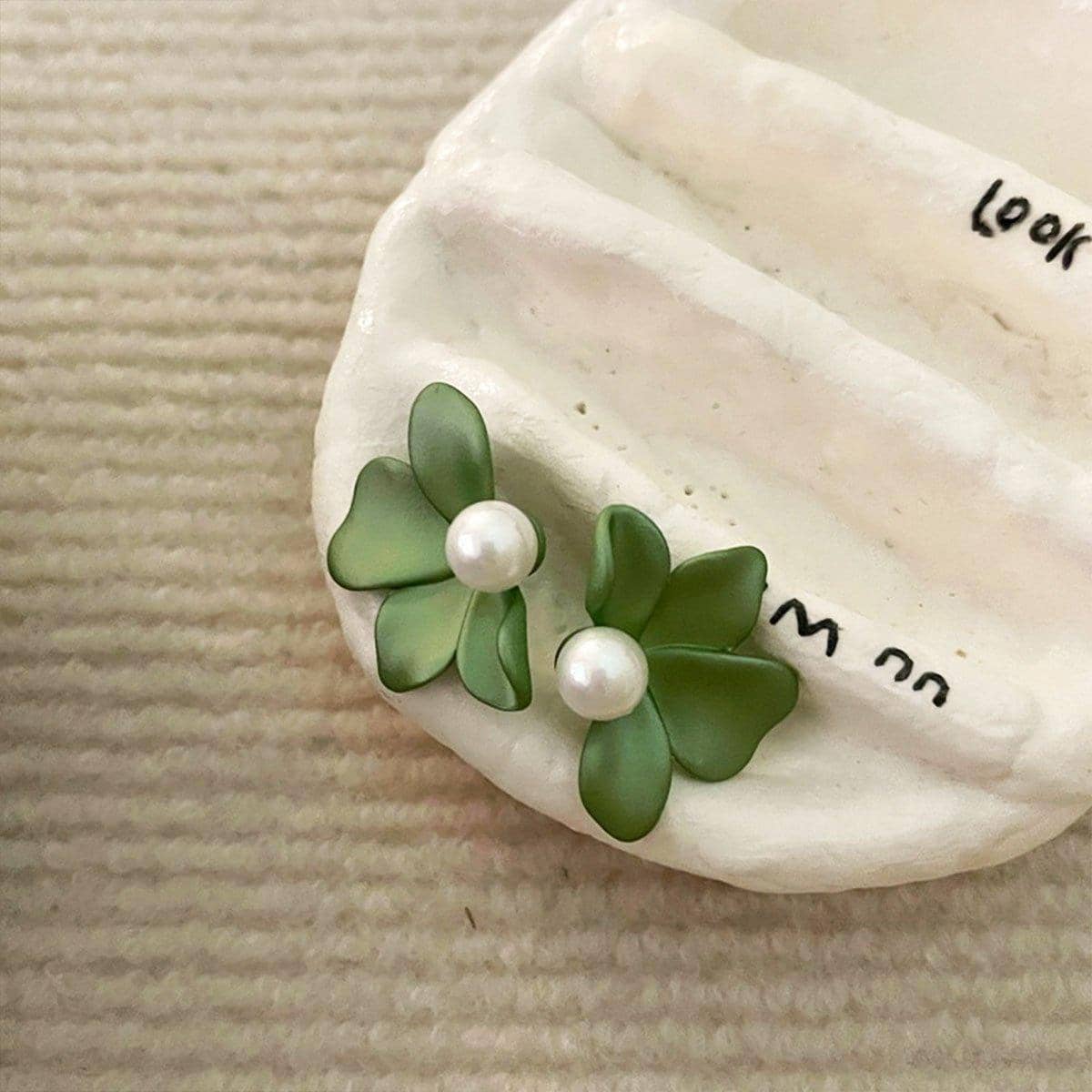 Green Frosted Petal Stud Earrings with Imitation Pearl for Women - view 5