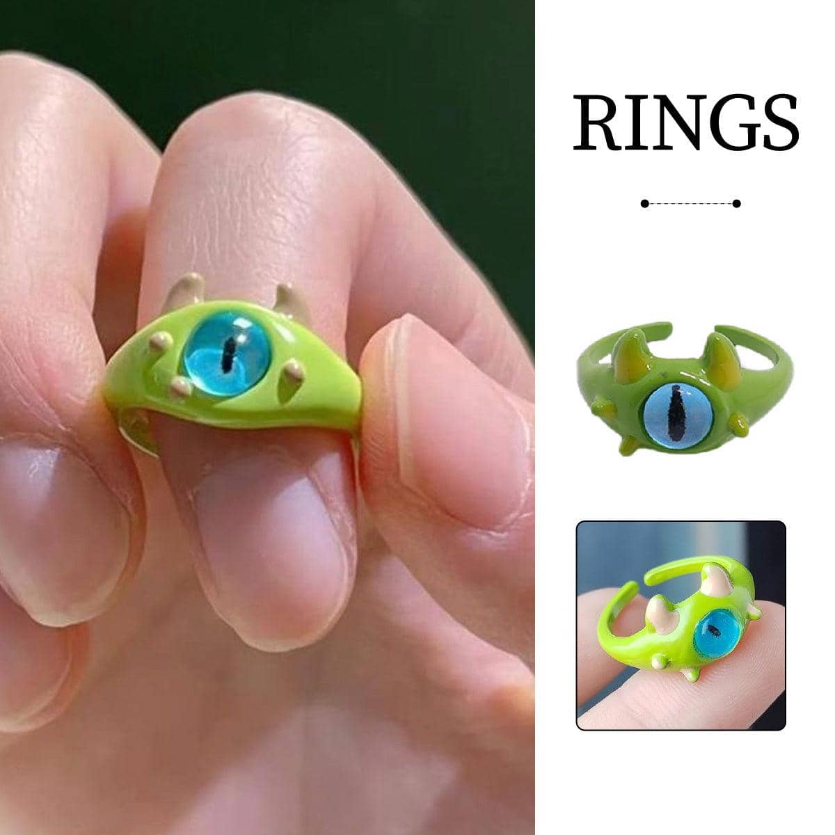 Green Monster Eye Open Ring with Blue Eye