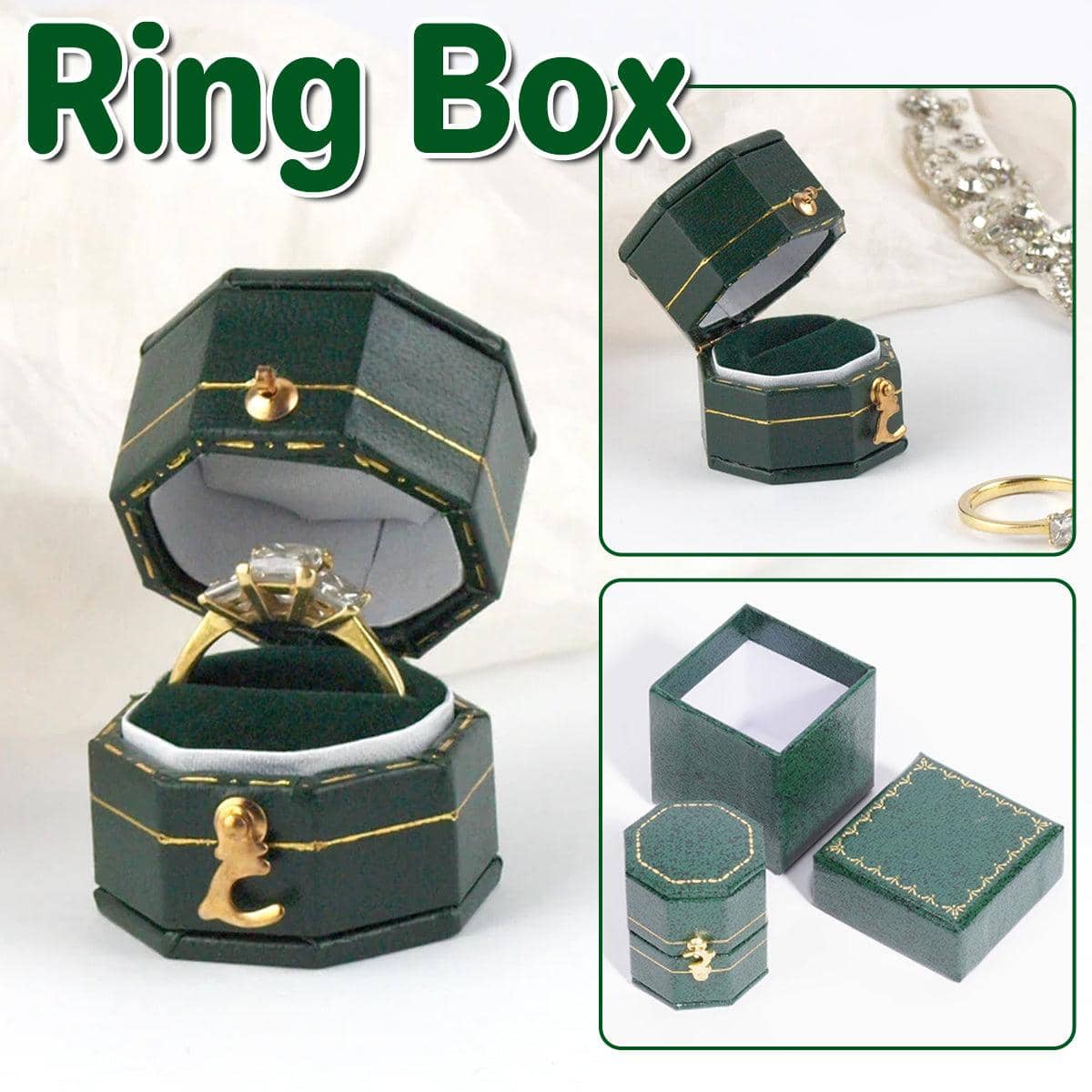 Green Octagonal Ring Box Mini Jewellery Travel Case with Gold Embossed Lid