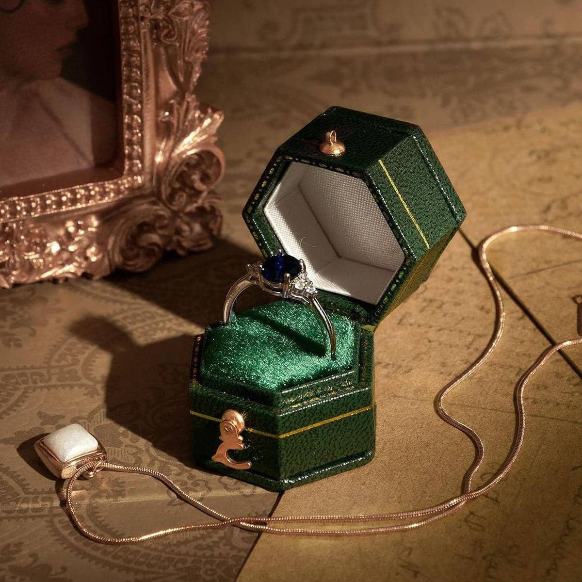 Green Octagonal Ring Box Mini Jewellery Travel Case with Gold Embossed Lid - view 4