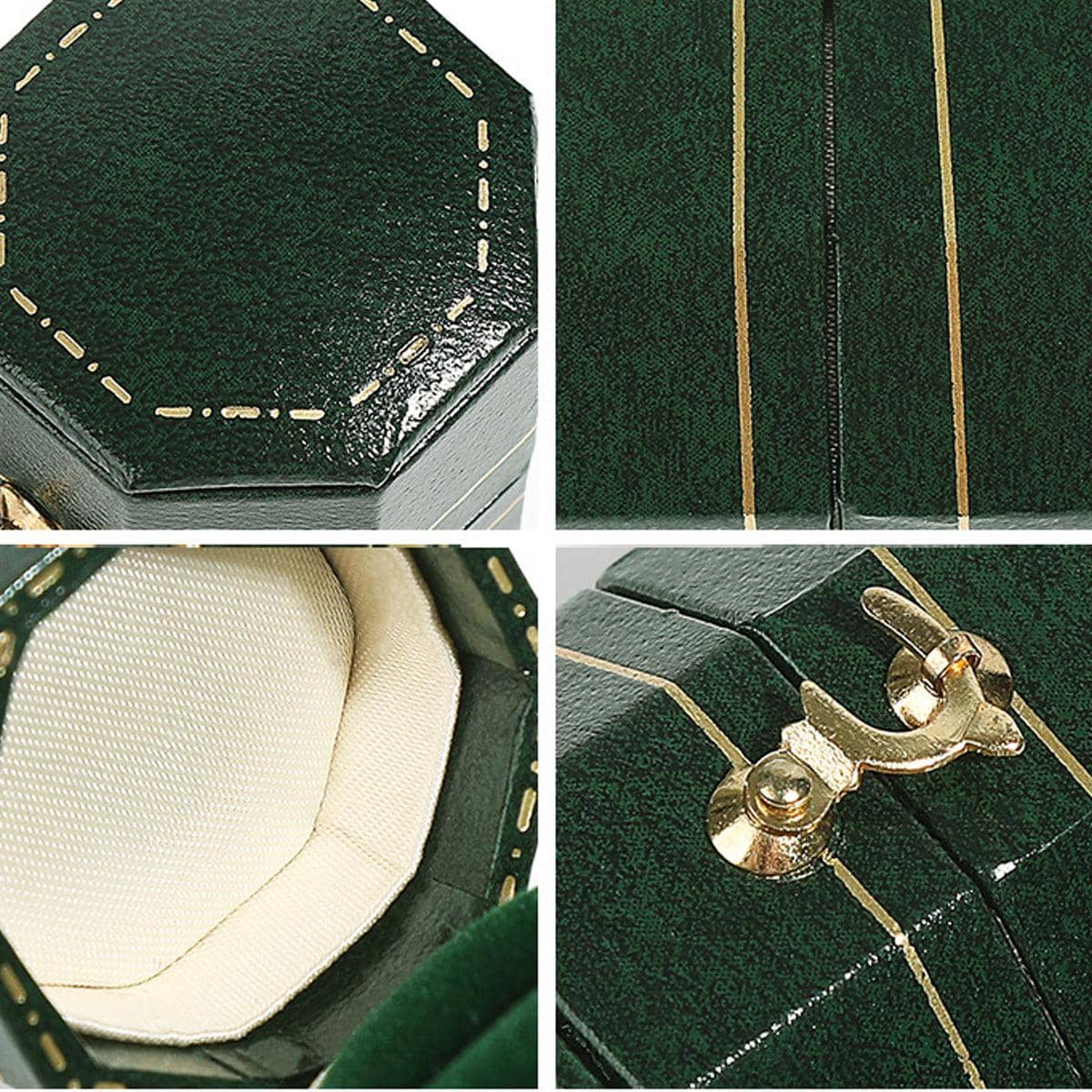 Green Octagonal Ring Box Mini Jewellery Travel Case with Gold Embossed Lid - view 5