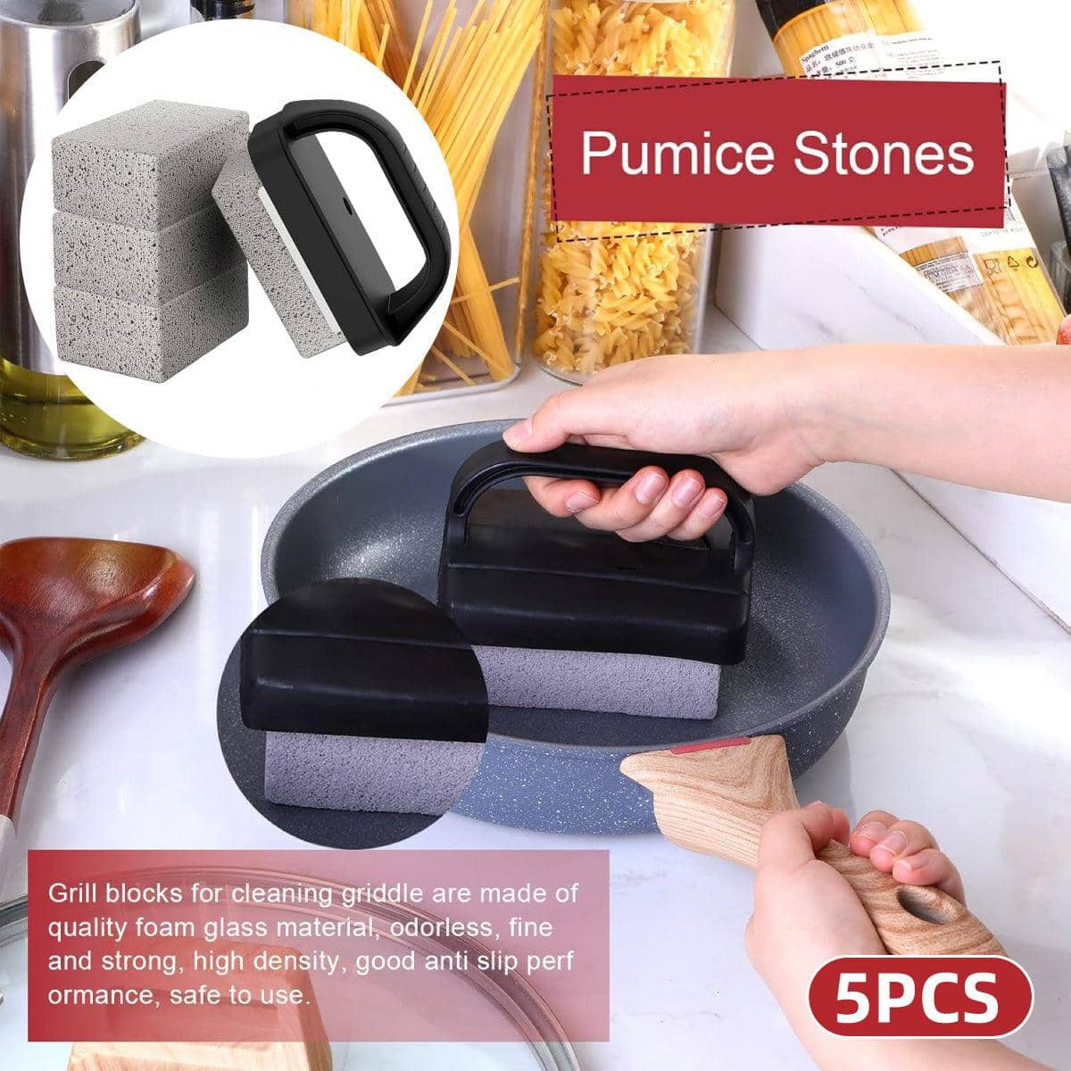 Grill Cleaning Pumice Stone Set with Handle for Teppanyaki and BBQ, 5 Piece