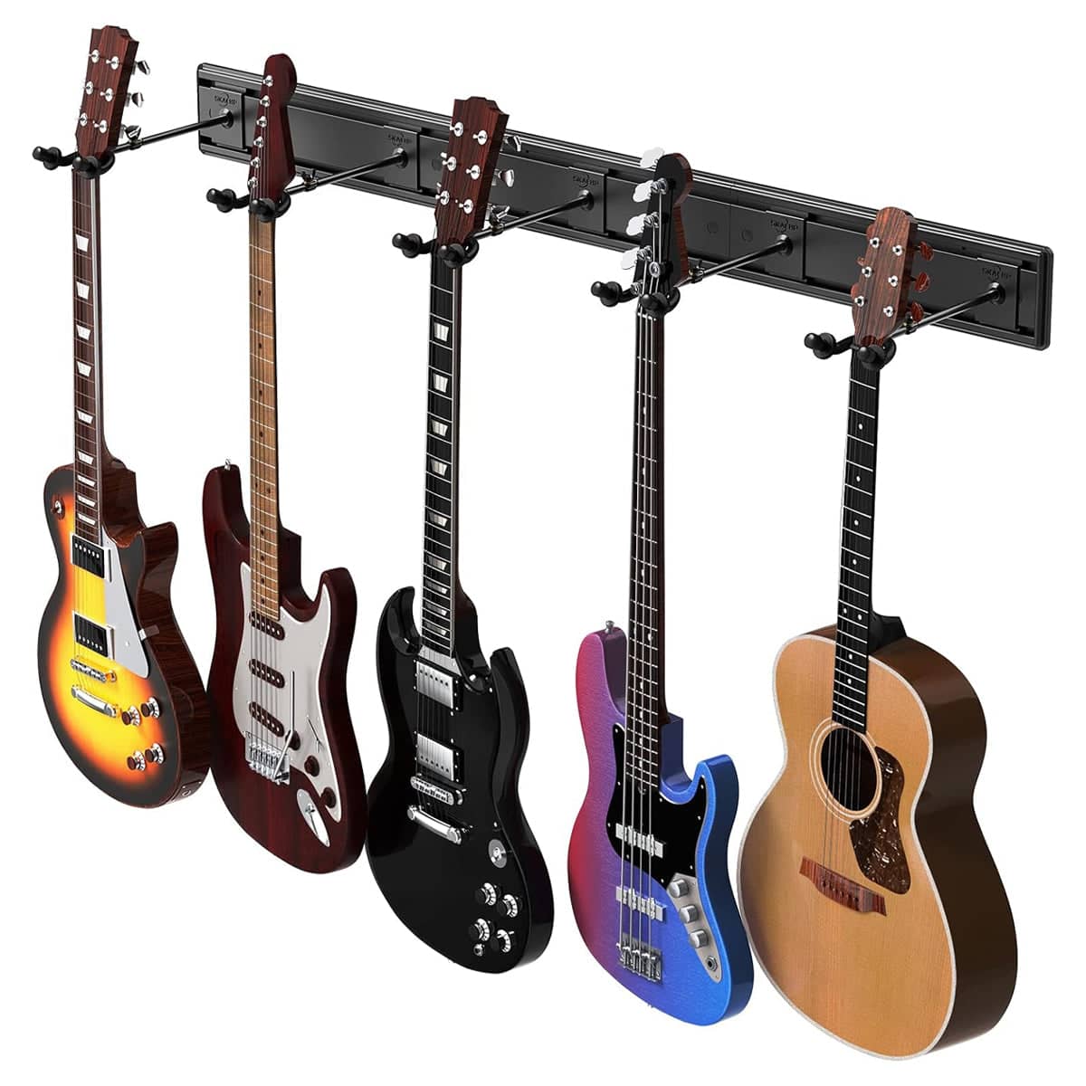 Guitar Wall Stand for 5 Guitars with Adjustable Aluminium Alloy Rail and Hangers, Black - view 2