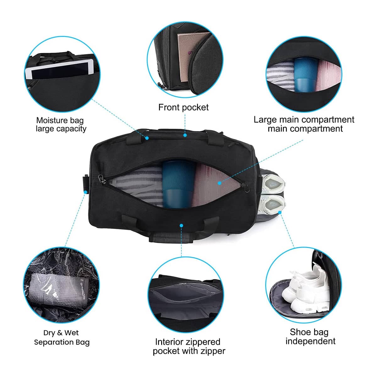 Gym Duffel Bag with Wet and Dry Separation, Shoe Compartment and Shoulder Strap, Black - view 4