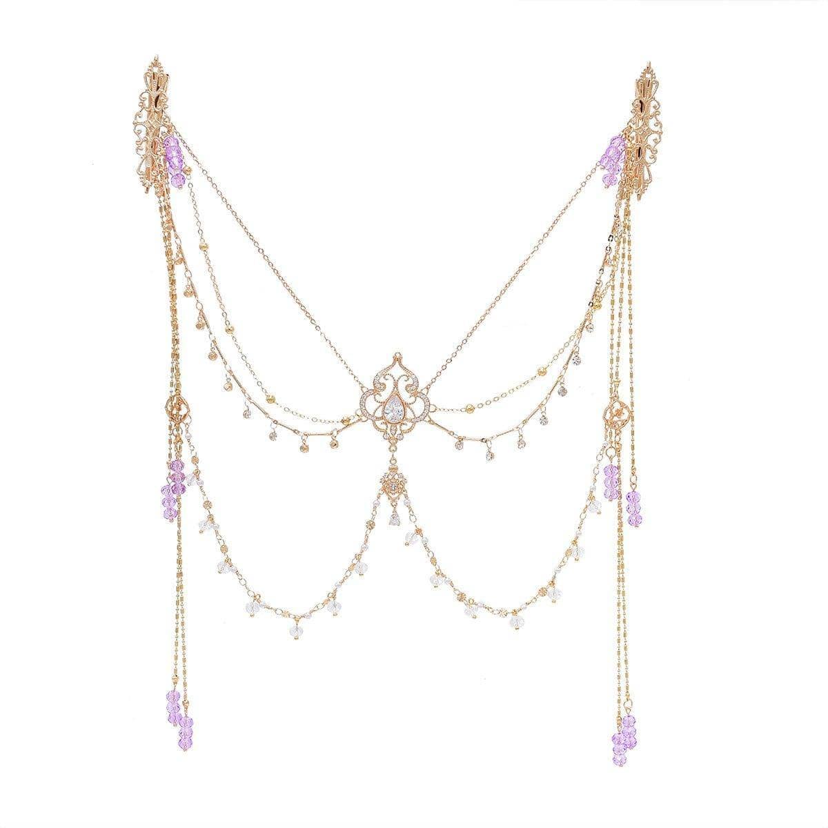 Hair Clip Face Chain with Purple Bead Tassels - Face Decoration, Gold-Tone