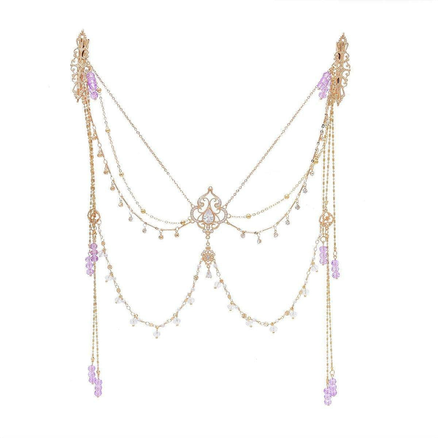 Hair Clip Face Chain with Purple Bead Tassels - Face Decoration, Gold-Tone